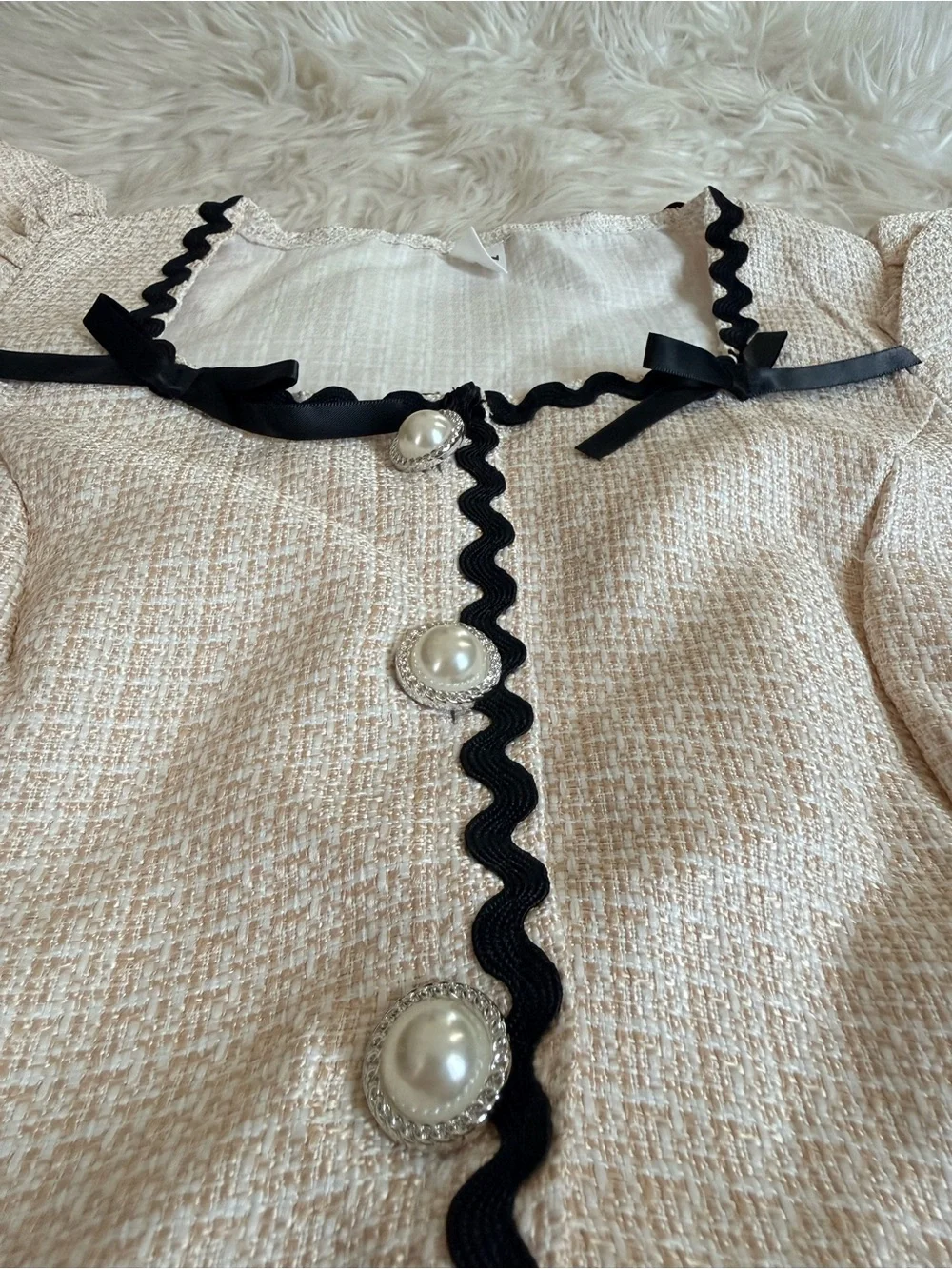 SHEIN Teen Tweed Pearl Button Ruffle Dress Size 13Y Cream Black